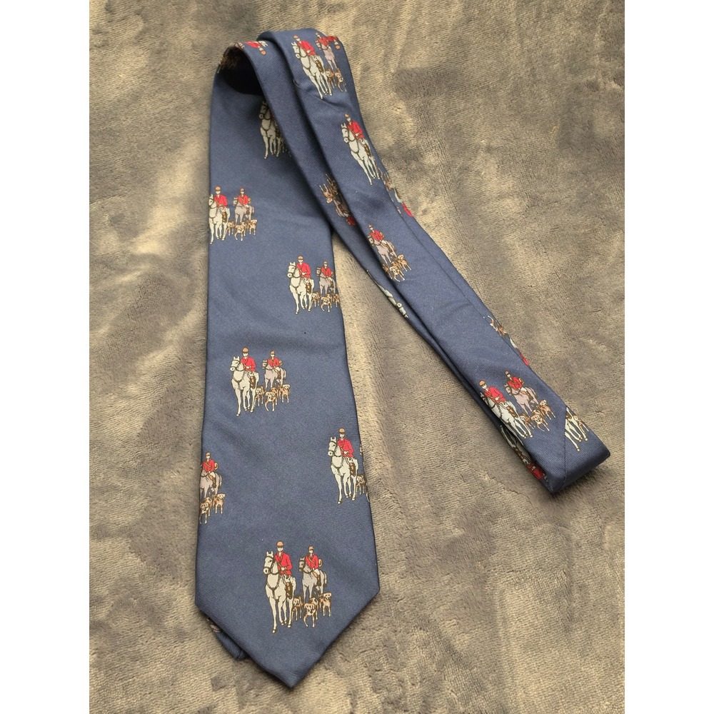 Equus Mens Silk Tie Blue Fox Hunt Equestrian Horseback Riders Hounds HandMade